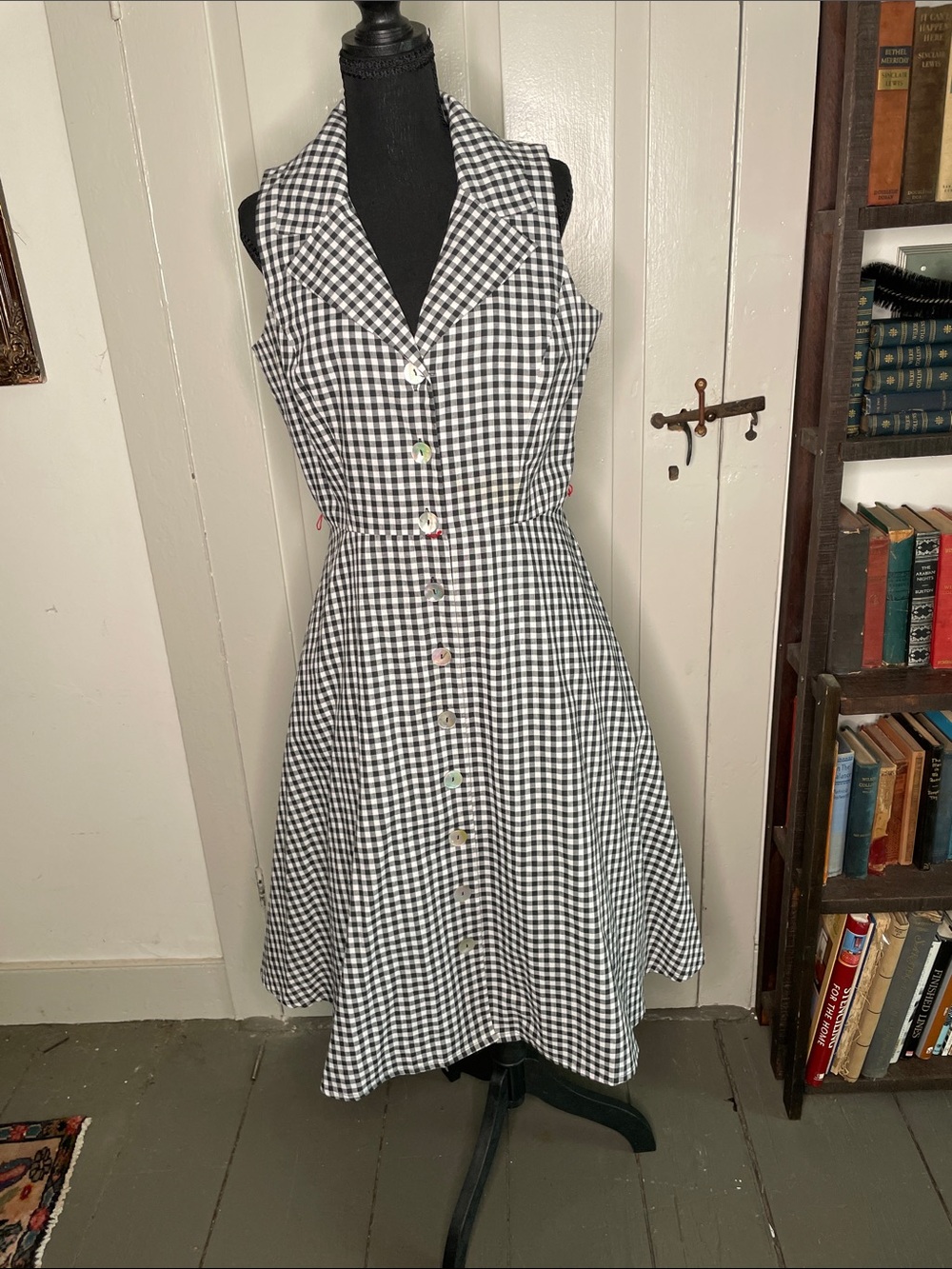Coldwater Creek Black & White Gingham Midi Button Dress